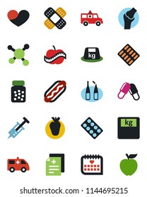 Color and black flat icon set - diagnosis vector, syringe, scales, pills, bottle, blister, ampoule, patch, ambulance car, real heart, joint, medical calendar, diet, molecule, heavy, hot dog