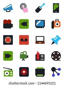 Color and black flat icon set - reel vector, camera, radio, loudspeaker, tv, video, cell phone, touch screen, laptop pc, paper pin, fast forward, rewind, rec button, hdmi, jack connector, record