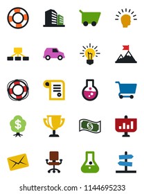 Color and black flat icon set - shining head vector, motivation, office chair, idea, cart, flask, cash, car, hierarchy, crisis management, mail, award cup, presentation, contract, money tree