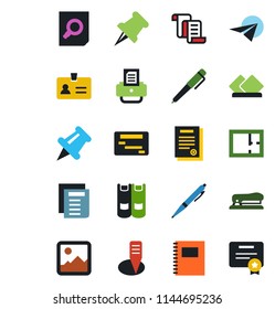 Color and black flat icon set - identity vector, contract, book, document search, printer, plant label, paper pin, gallery, copybook, pen, stapler, plan, serviette, plane, schedule, certificate