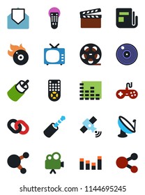 Color and black flat icon set - satellite antenna vector, clapboard, reel, vinyl, flame disk, news, tv, gamepad, equalizer, video camera, remote control, share, chain, mail, rca, jack connector