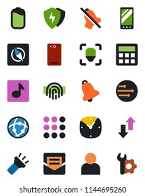 Color and black flat icon set - mobile vector, phone back, menu, protect, user, calculator, clock, bell, mail, network, data exchange, torch, mute, compass, face id, fingerprint, music, battery