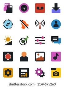 Color and black flat icon set - antenna vector, message, gallery, settings, tuning, user, calculator, clock, record, sd, download, mute, brightness, compass, music, photo