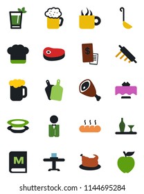 Color and black flat icon set - waiter vector, alcohol, restaurant table, cook hat, menu, phyto bar, coffee, beer, plates, bread, receipt, chicken, steak, ham, ladle, rolling pin, cutting board