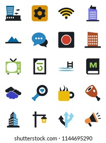 Color and black flat icon set - tv vector, clouds, airport building, document reload, garden light, heart diagnostic, route, dialog, settings, record, office, pool, mountains, wireless, city house