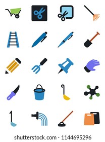 Color and black flat icon set - pen vector, drawing pin, pencil, garden fork, shovel, rake, ladder, wheelbarrow, bucket, watering, glove, hoe, knife, share, cut, ladle, cutting board