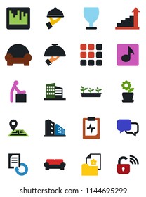 Color and black flat icon set - baby room vector, growth statistic, document reload, seedling, pulse clipboard, navigation, fragile, dialog, menu, scanner, music, estate, office building, waiter