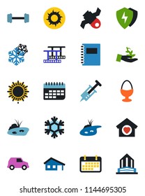 Color and black flat icon set - sun vector, syringe, barbell, satellite, term, film frame, protect, copybook, house with garage, pond, sweet home, egg stand, snowflake, palm sproute, car