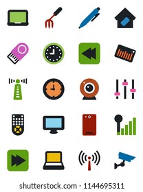 Color and black flat icon set - antenna vector, pen, notebook pc, garden fork, clock, barcode, remote control, monitor, fast forward, rewind, phone back, tuning, cellular signal, smart home
