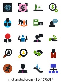 Color and black flat icon set - escalator vector, team, run, hospital, client, speaker, fingerprint id, meeting, search, estate agent, waiter, consumer, palm sproute, handshake, money, hierarchy