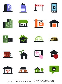 Color and black flat icon set - barrier vector, office building, greenhouse, hospital, store, warehouse, house with tree, sweet home, city, crane, cafe, eco, control app, warm floor, garage gate