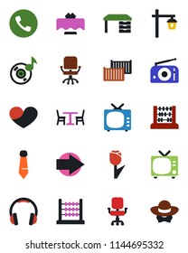Color and black flat icon set - cafe vector, phone, tv, right arrow, office chair, abacus, desk, tie, garden light, cargo container, tulip, radio, headphones, heart, music, restaurant table