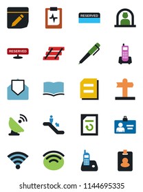 Color and black flat icon set - escalator vector, reception, identity card, book, document, reload, pulse clipboard, signpost, office phone, satellite antenna, radio, mail, notes, wireless, pen