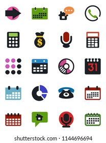 Color and black flat icon set - right arrow vector, calendar, circle chart, microphone, menu, calculator, phone, home message, money bag
