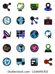 Color and black flat icon set - satellite antenna vector, bomb in case, globe, plane, earth, pin, consolidated cargo, network, share, news, social media