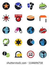 Color and black flat icon set - no laptop vector, ticket office, globe, pills, diet, earth, pie graph, table, police, alarm led