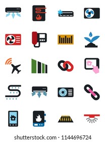 Color and black flat icon set - plane radar vector, drip irrigation, sorting, barcode, chain, air conditioner, water heater, intercome, home control app, warm floor, sprinkler