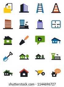 Color and black flat icon set - border cone vector, airport building, office, trowel, shovel, ladder, wheelbarrow, house, with garage, tree, plan, estate document, city, home message