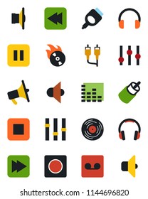 Color and black flat icon set - vinyl vector, flame disk, speaker, loudspeaker, settings, equalizer, headphones, pause button, stop, fast forward, rewind, rca, hdmi, record, sound