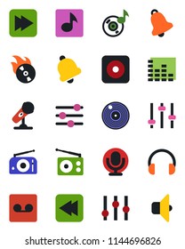 Color and black flat icon set - vinyl vector, flame disk, microphone, radio, settings, equalizer, headphones, fast forward, rewind, rec button, tuning, bell, record, music, sound