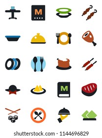 Color and black flat icon set - spoon and fork vector, dish, restaurant table, serviette, cafe, menu, plates, waiter, dress code, chicken, steak, kebab, ham, bowl, sushi