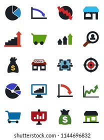 Color and black flat icon set - shop vector, growth statistic, money bag, crisis graph, store, monitor statistics, pie, hr, target, consumer search, arrow up, cart, presentation, storefront