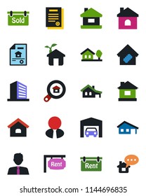 Color and black flat icon set - office building vector, house, contract, with garage, tree, estate document, rent, sold signboard, search, agent, smart home, eco, message