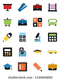 Color and black flat icon set - airport bus vector, checkroom, calculator, graduate, presentation board, microscope, case, paper clip, abacus, pencil, stapler