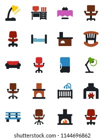 Color and black flat icon set - office chair vector, desk, bench, fireplace, lamp, bedroom, children room, cushioned furniture, restaurant table, fridge