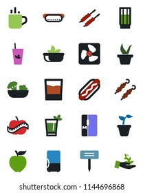 Color and black flat icon set - hot cup vector, seedling, plant label, diet, fridge, drink, phyto bar, salad, kebab, dog, apple fruit, fan, palm sproute