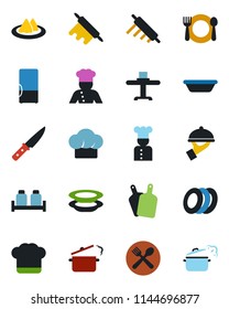 Color and black flat icon set - fridge vector, cook, restaurant table, serviette, cafe, hat, plates, waiter, salt and pepper, bowl, rolling pin, cutting board, knife, steaming pan