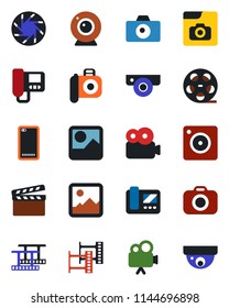 Color and black flat icon set - camera vector, clapboard, film frame, reel, video, phone back, mobile, gallery, photo, web, intercome, surveillance
