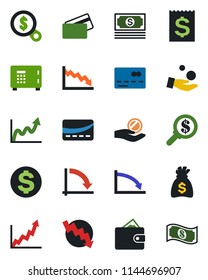 Color and black flat icon set - credit card vector, safe, dollar sign, money bag, crisis graph, cash, receipt, wallet, growth, search, investment
