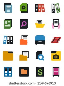 Color and black flat icon set - office binder vector, document search, receipt, folder, photo gallery, paper, tray, archive box
