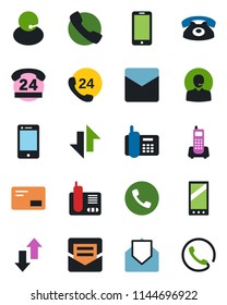 Color and black flat icon set - phone vector, mobile, office, 24 hours, support, cell, radio, mail, call, data exchange