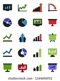 Color and black flat icon set - growth statistic vector, presentation board, crisis graph, monitor, circle chart, statistics, bar, pie, point, arrow up