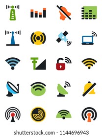 Color and black flat icon set - antenna vector, wireless notebook, radar, satellite, equalizer, mute, cellular signal, lock