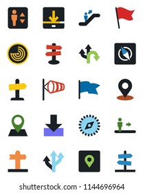Color and black flat icon set - elevator vector, escalator, wind, radar, route, signpost, pin, download, place tag, compass, flag, guidepost