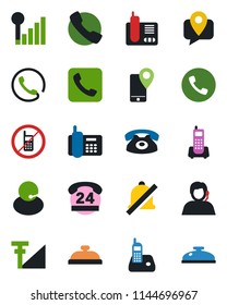 Color and black flat icon set - phone vector, no mobile, office, 24 hours, support, tracking, radio, call, mute, cellular signal, reception