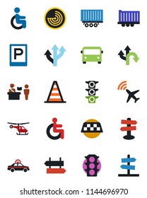 Color and black flat icon set - plane radar vector, taxi, airport bus, parking, passport control, signpost, alarm car, border cone, helicopter, disabled, route, traffic light, truck trailer