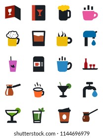 Color and black flat icon set - coffee machine vector, water supply, alcohol, wine card, drink, cocktail, phyto bar, beer, turkish