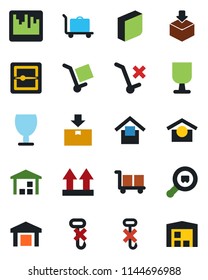 Color and black flat icon set - baggage trolley vector, fragile, cargo, warehouse storage, up side sign, no, hook, package, search, scanner, blank box
