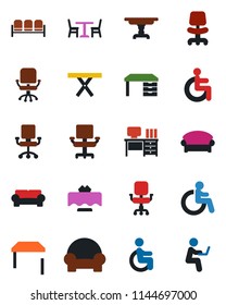 Color and black flat icon set - cafe vector, waiting area, disabled, office chair, desk, picnic table, cushioned furniture, restaurant, man with notebook