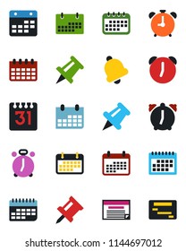 Color and black flat icon set - alarm clock vector, drawing pin, calendar, term, paper, bell, schedule
