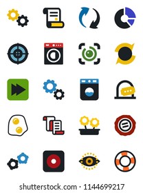 Color and black flat icon set - ticket office vector, gear, contract, circle chart, stamp, fast forward, rec button, update, eye id, target, washer, flower in pot, omelette, crisis management