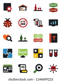 Color and black flat icon set - no laptop vector, contract, statistic monitor, lady bug, blood test vial, heart diagnostic, medical calendar, search cargo, application, sertificate, warehouse