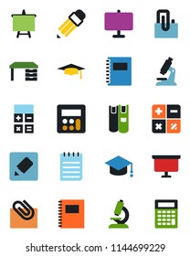 Color and black flat icon set - calculator vector, graduate, desk, notepad, presentation board, microscope, notes, copybook, paper clip, pencil, book