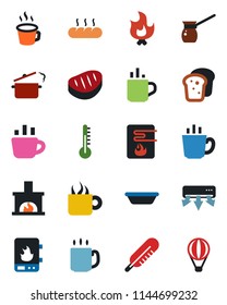 Color and black flat icon set - hot cup vector, coffee, fire, thermometer, fireplace, bread, steak, bowl, steaming pan, turkish, water heater, air conditioner, balloon
