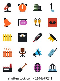 Color and black flat icon set - suitcase vector, alarm clock, shovel, fence, thermometer, scales, traffic light, microphone, rca, bell, record, rent, office building, heater, factory, ladle, chair