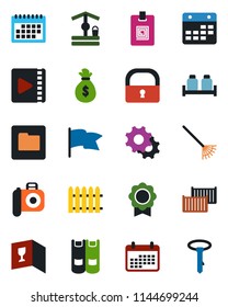 Color and black flat icon set - book vector, fence, rake, well, cargo container, camera, settings, folder, calendar, lock, video, sertificate, identity card, wine, salt and pepper, money bag, flag